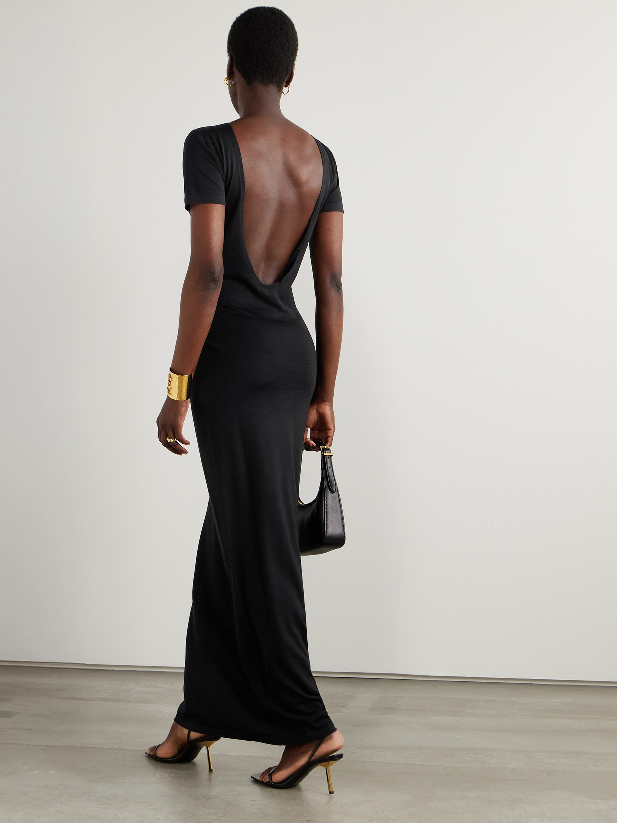 Saint Laurent Open-back Wool Maxi Dress In Black