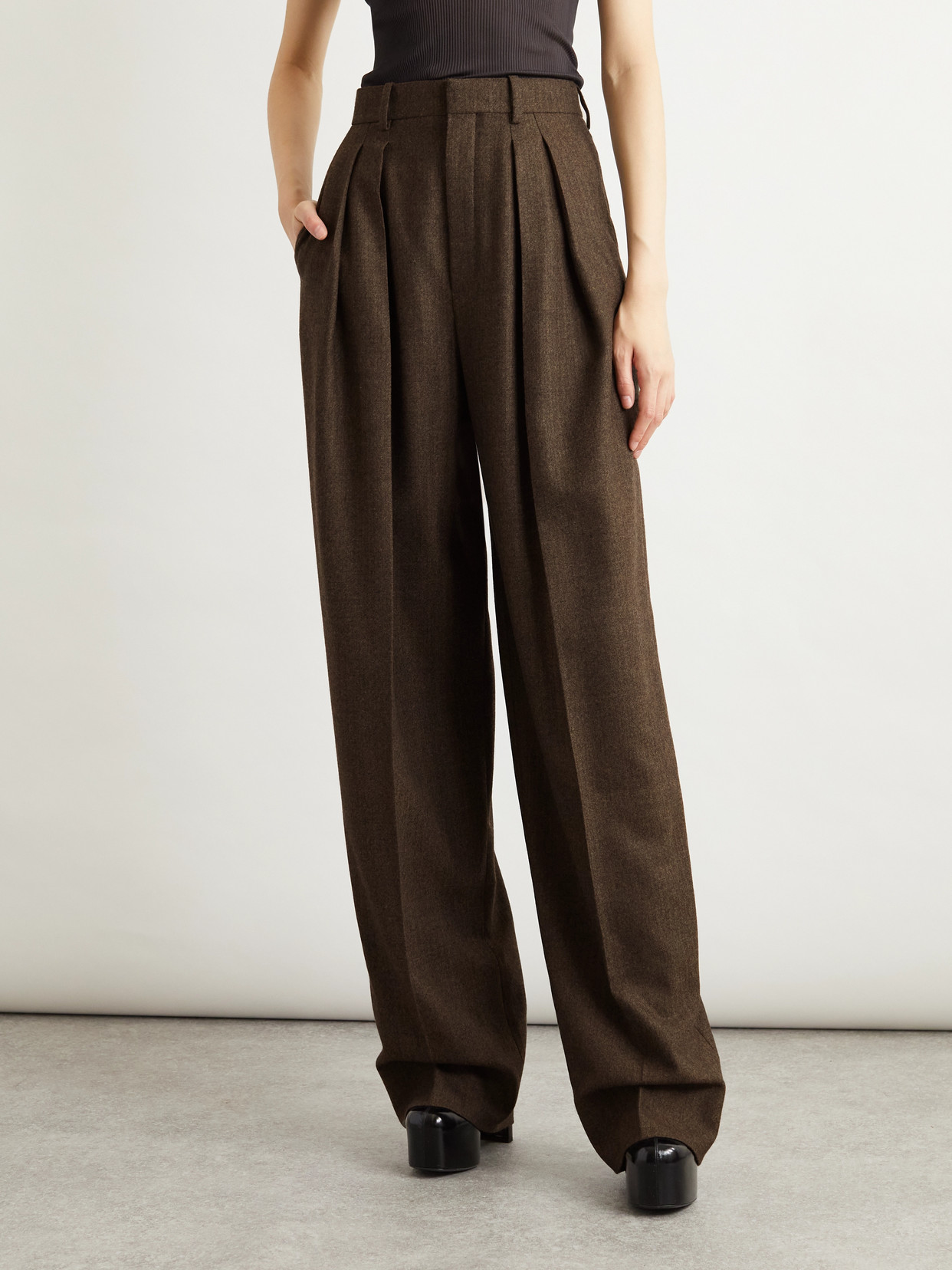Saint Laurent Pleated Herringbone Wool Wide-leg Pants In Brown
