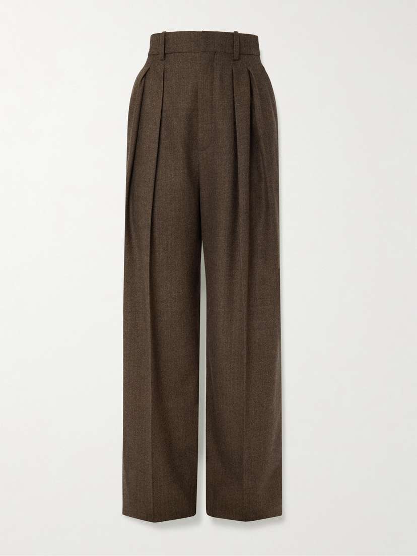 Saint Laurent Pleated Herringbone Wool Wide-leg Pants
