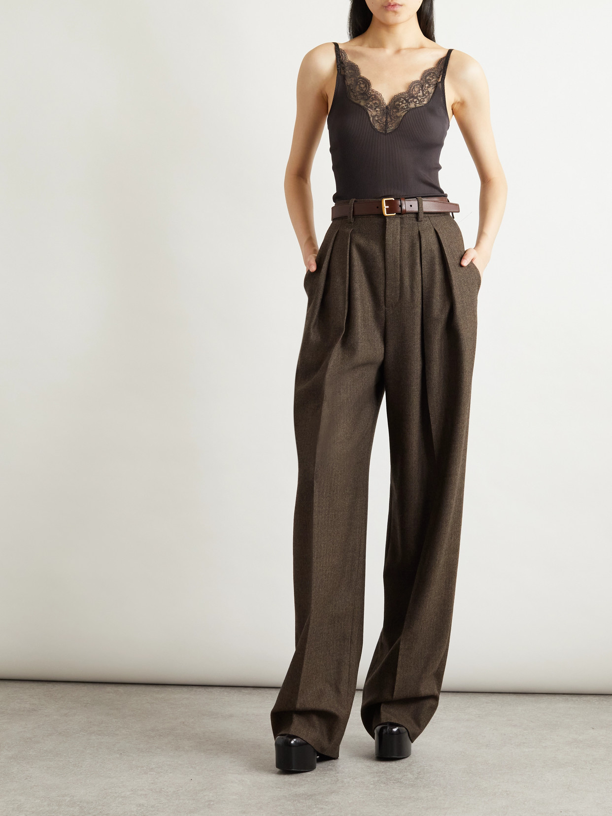 Saint Laurent Pleated Herringbone Wool Wide-leg Pants In Brown