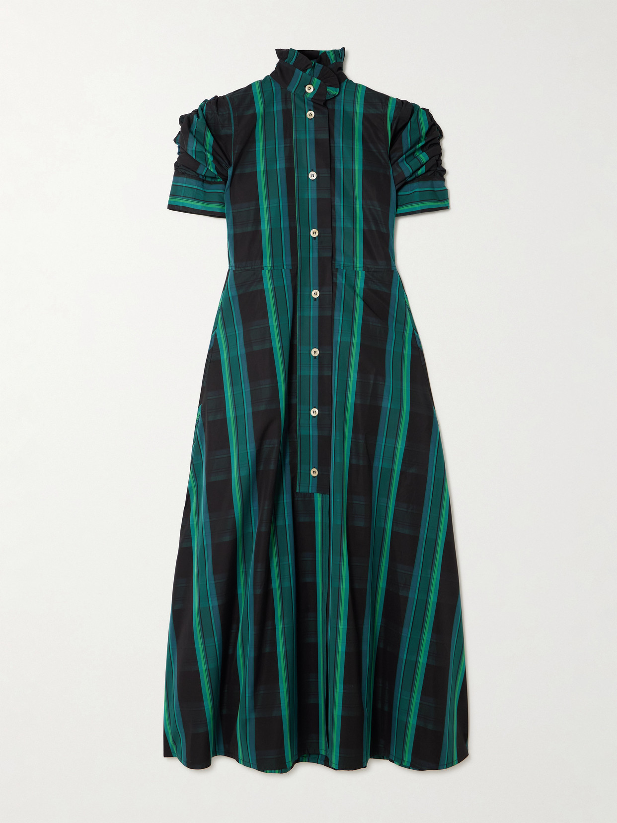 Thierry Colson Venetia Ruffled Gathered Checked Cotton-poplin Midi Dress In Green