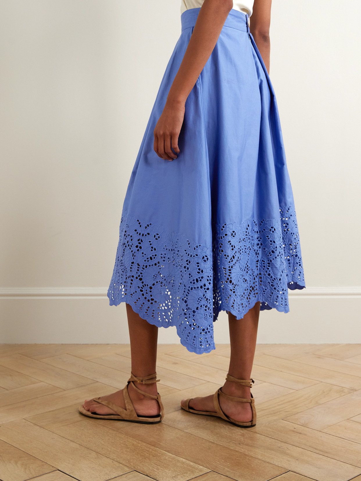 Thierry Colson Wynona Pleated Broderie Anglaise Cotton-poplin Midi Skirt In Blue