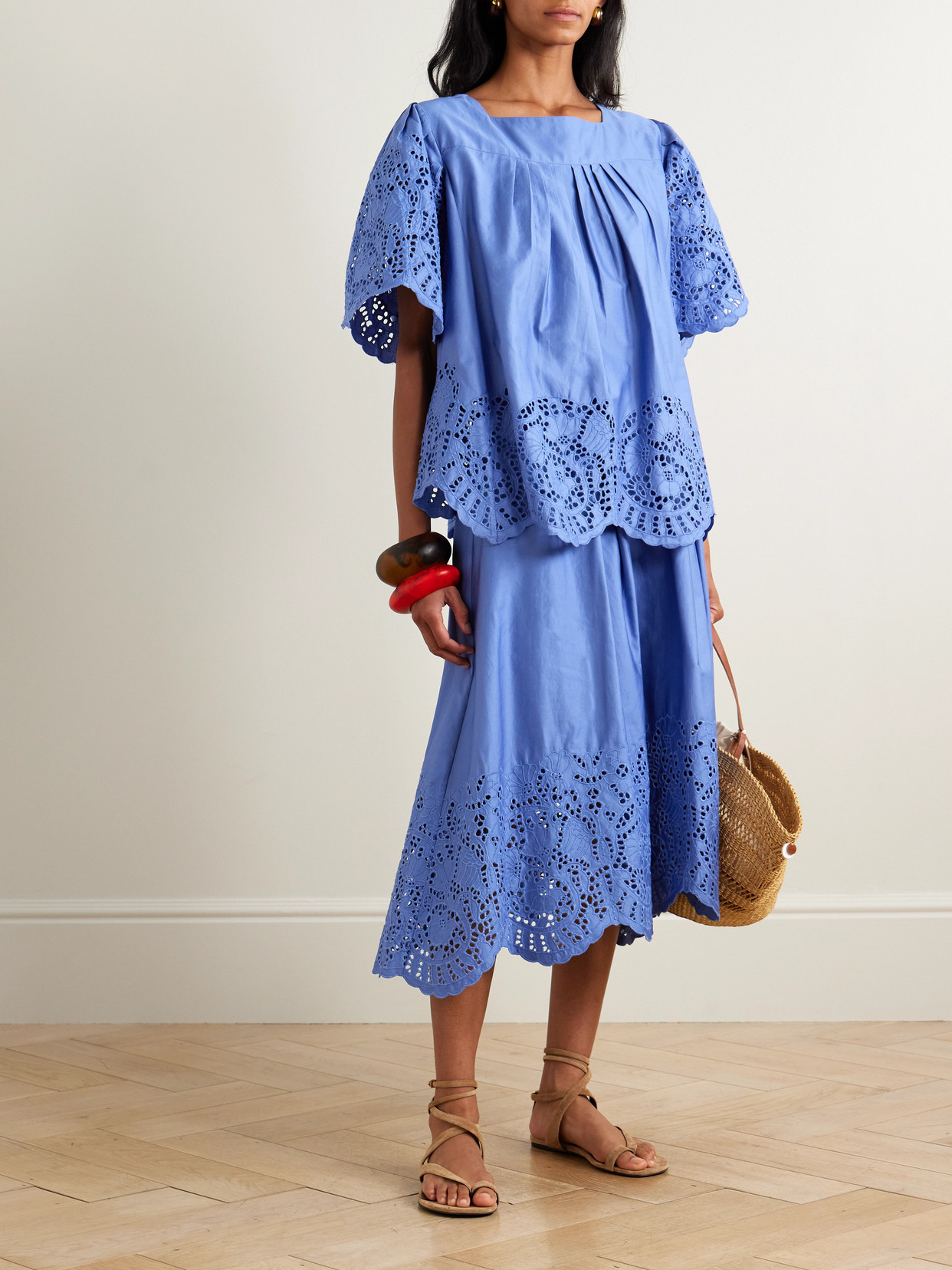 Thierry Colson Scarletta Pleated Broderie Anglaise Cotton-poplin Blouse In Blue