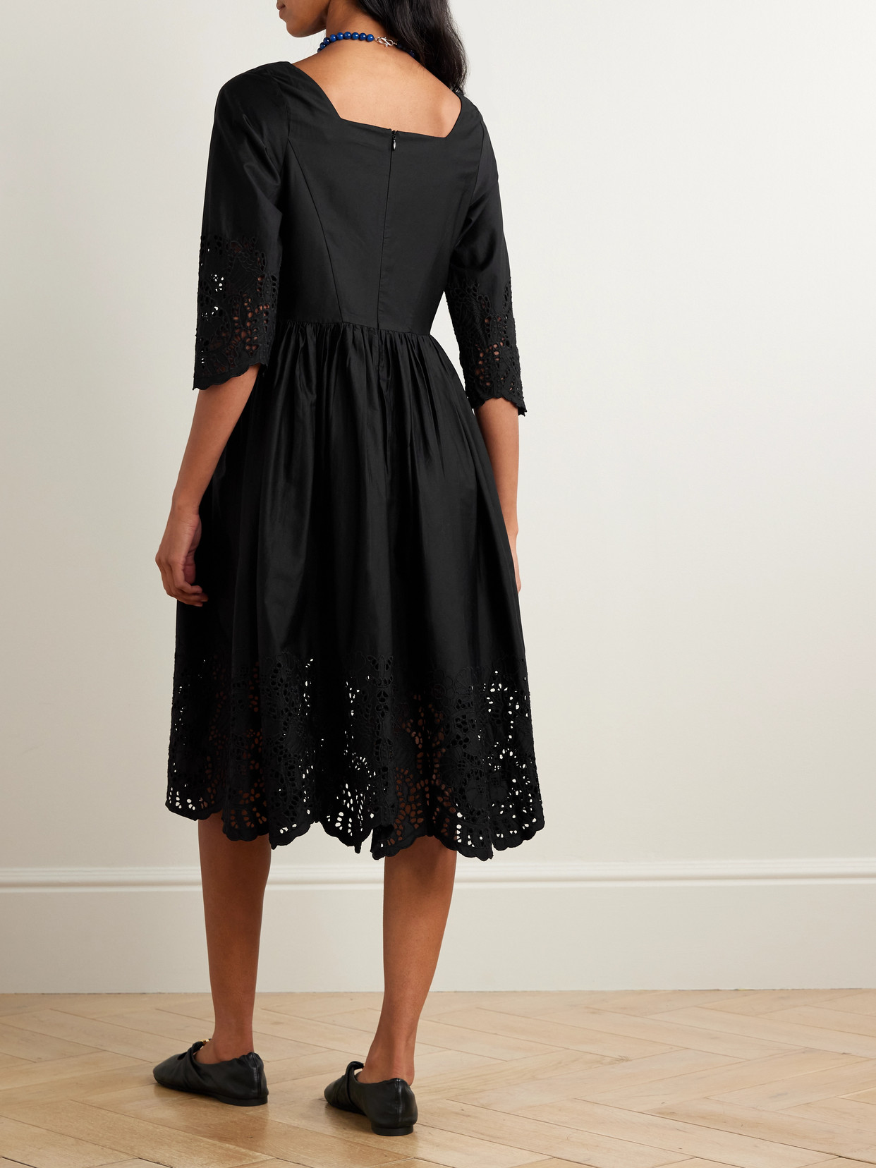 Thierry Colson Amalia Pleated Broderie Anglaise Cotton-poplin Midi Dress In Black