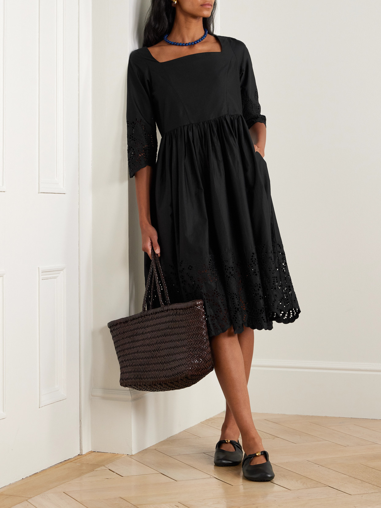 Thierry Colson Amalia Pleated Broderie Anglaise Cotton-poplin Midi Dress In Black
