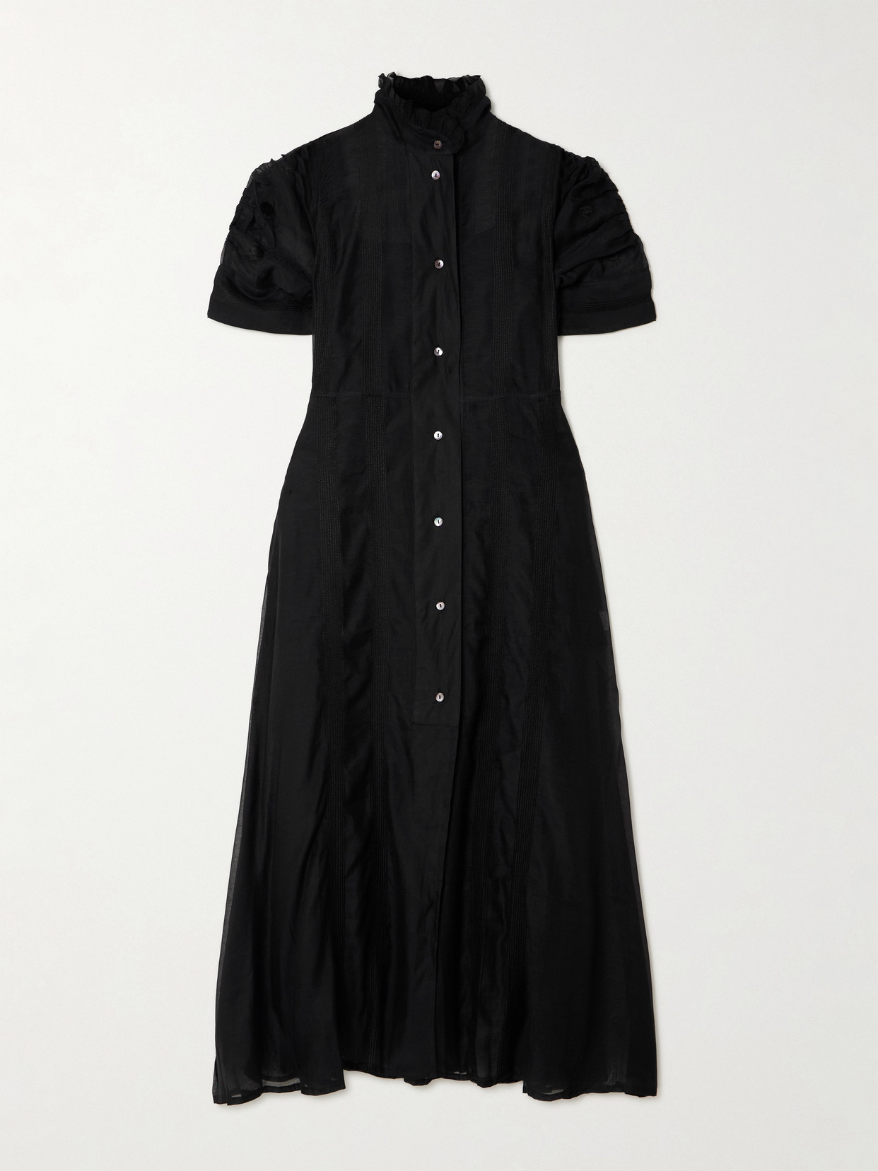 Thierry Colson Venetia Ruffled Gathered Embroidered Cotton And Silk-blend Midi Dress In Black
