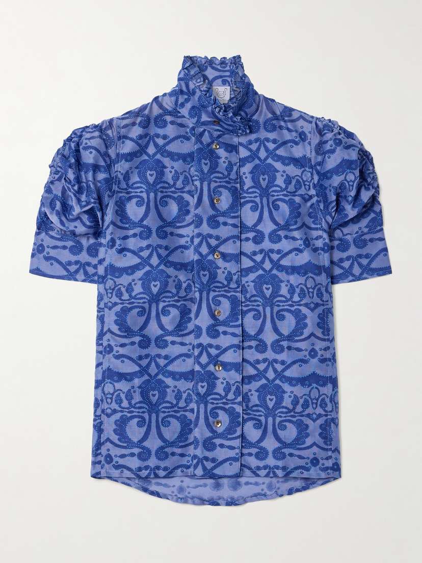 Thierry Colson Vita Ruffled Ruched Printed Cotton And Silk-blend Blouse