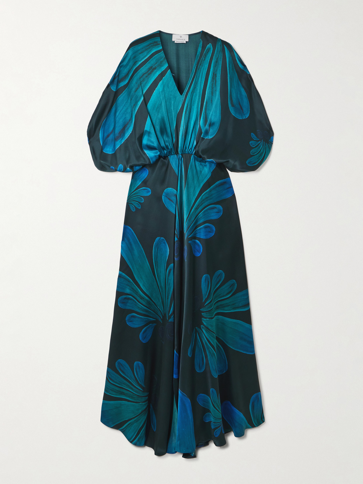 Themis Z Diana Printed Gathered Silk-satin Maxi Dress In Green