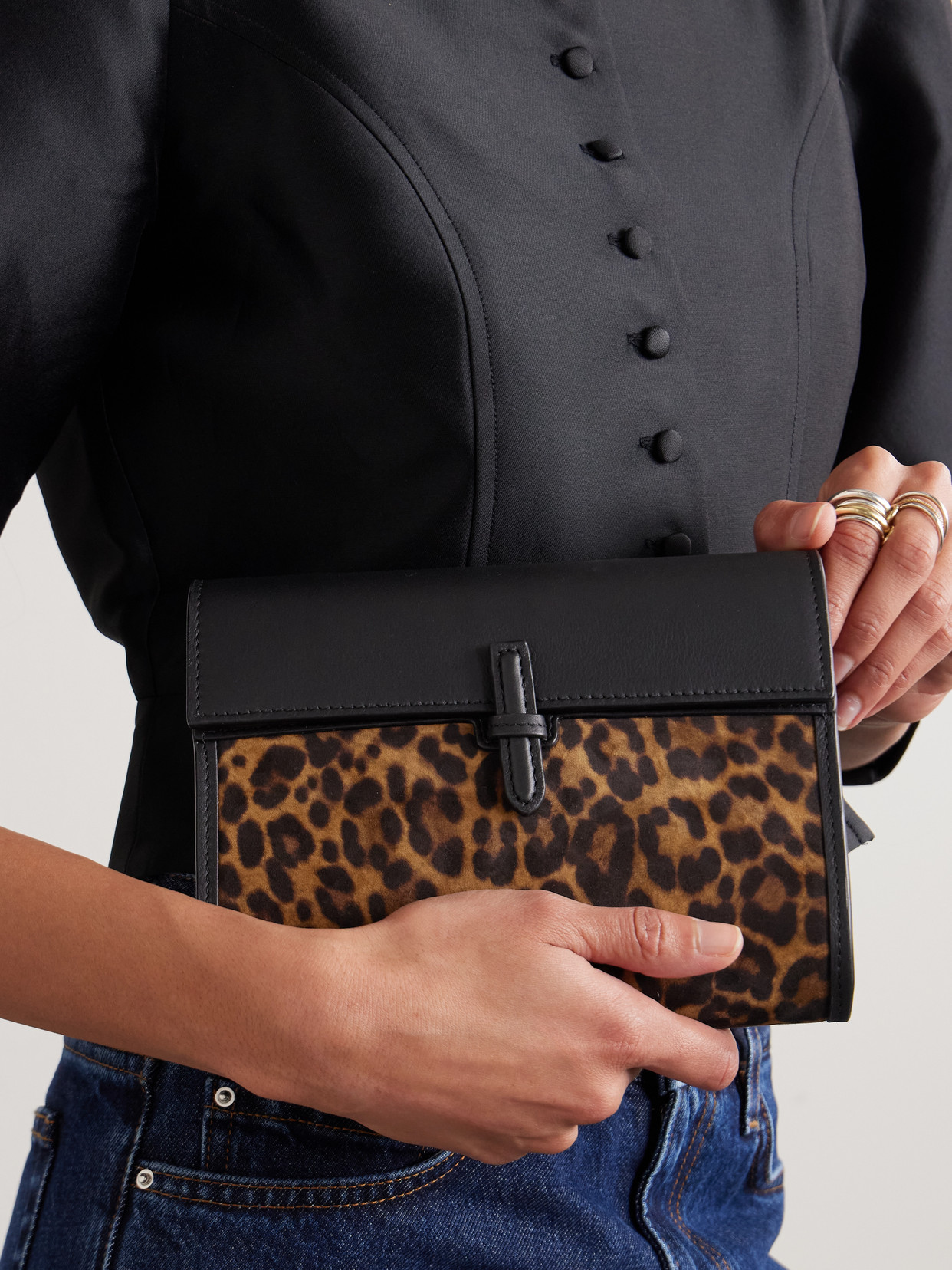 Hunting Season Leopard-print Suede And Leather Clutch In Multi