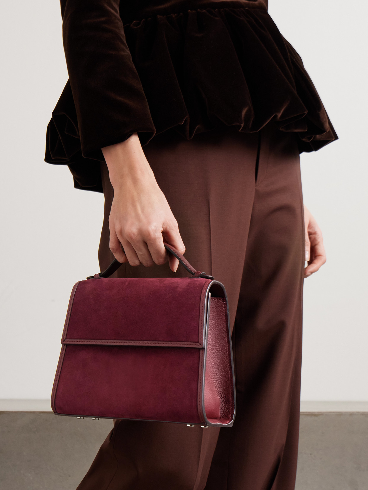 Hunting Season Medium Leather-trimmed Suede Tote In Burgundy