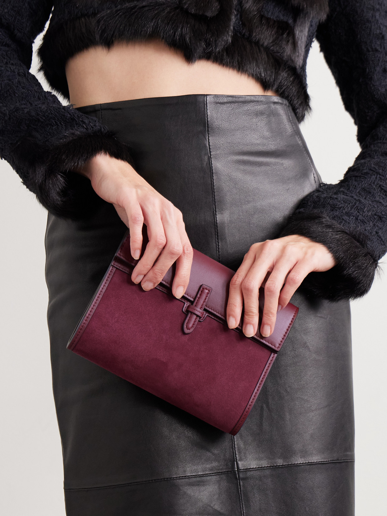 Hunting Season Suede And Leather Clutch In Burgundy