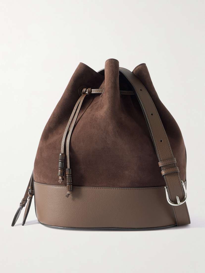 Hunting Season Extra Large Drawstring Leather-trimmed Suede Bucket Bag