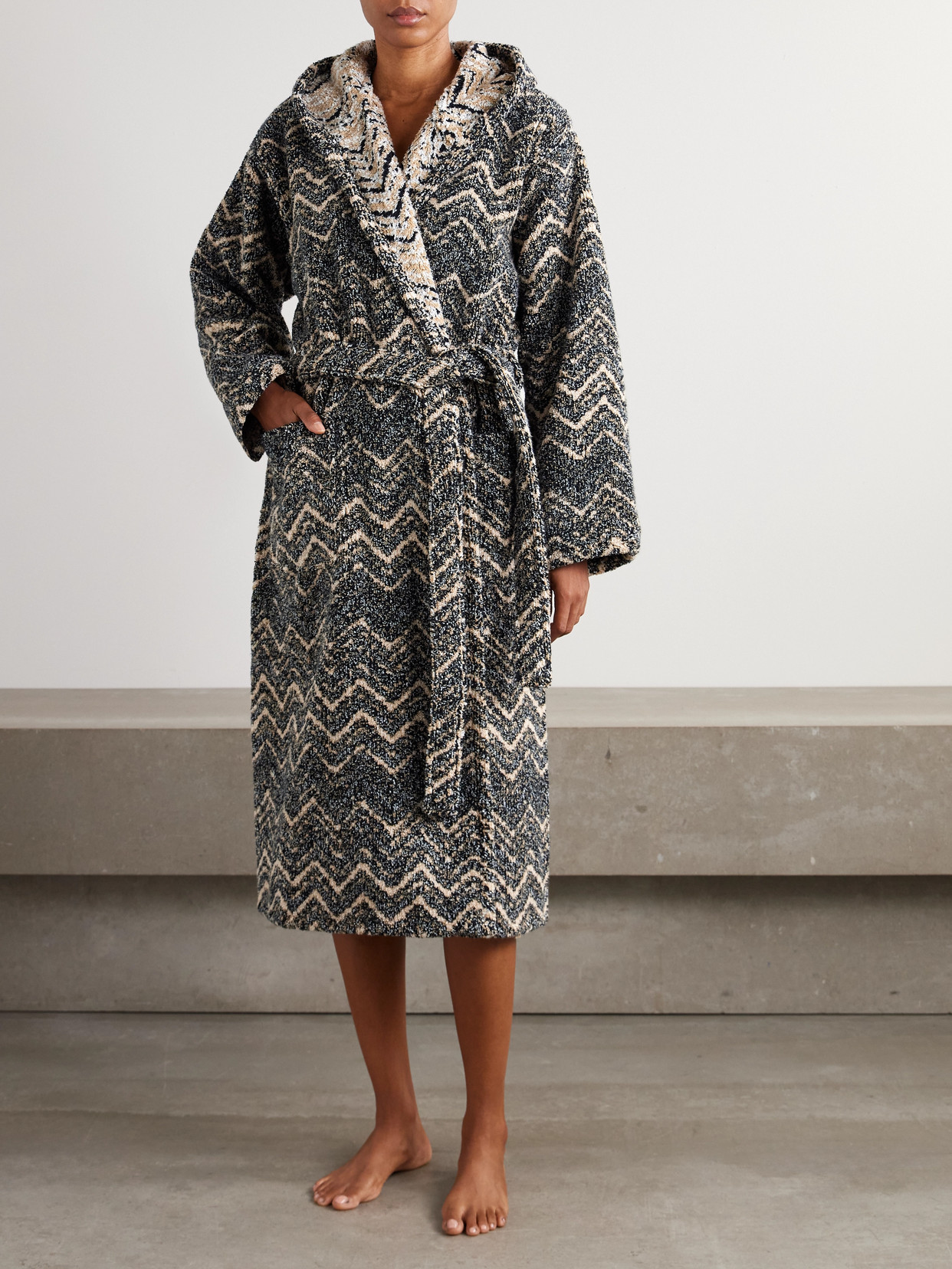 Missoni Hooded Striped Cotton-terry Robe In Brown