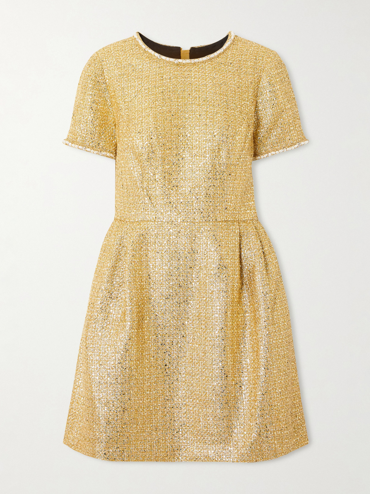Carolina Herrera Crystal And Faux Pearl Embellished Metallic Tweed Mini Dress In Gold