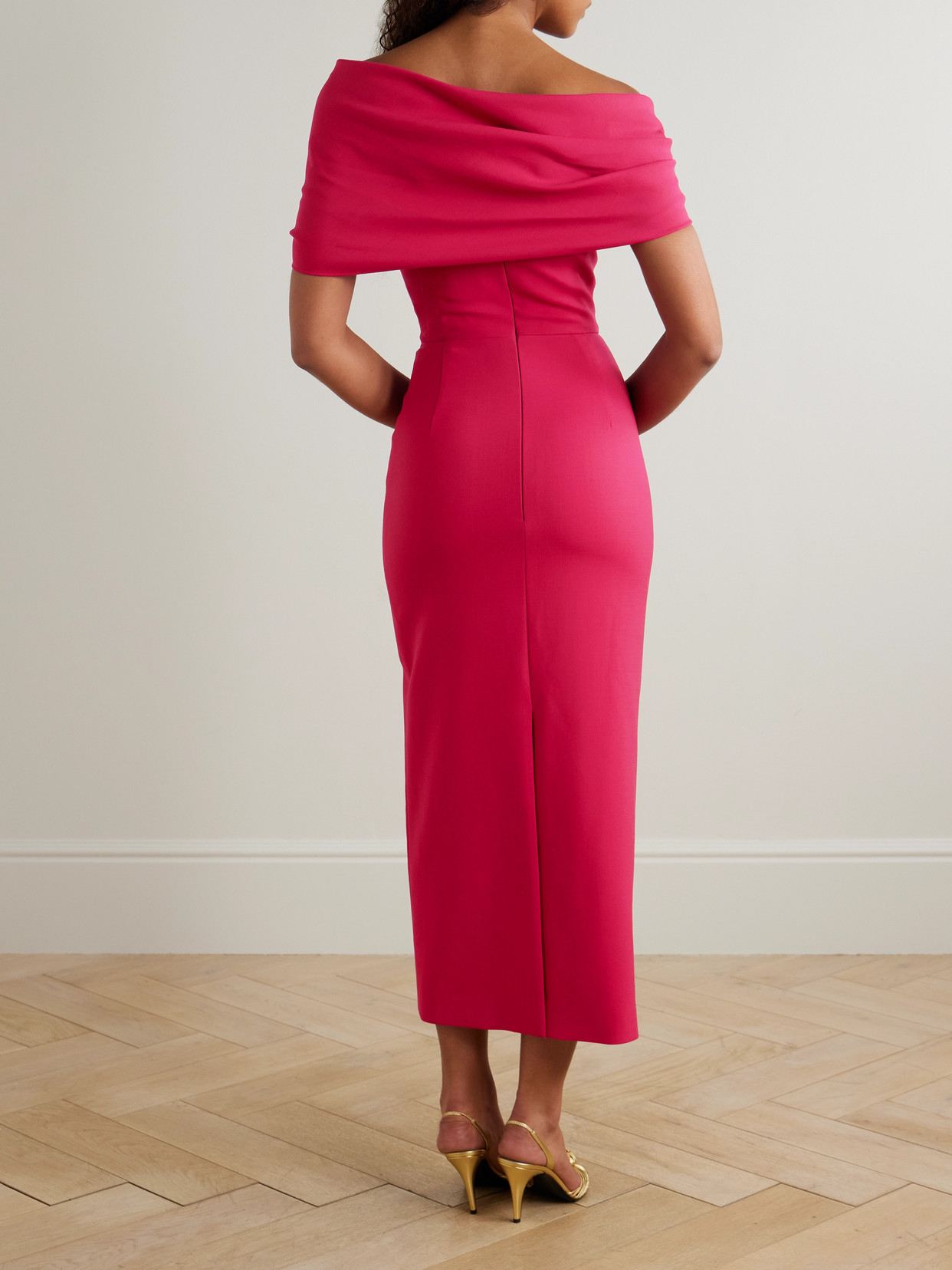 Carolina Herrera Off-the-shoulder Draped Wool-blend Crepe Midi Dress In Pink