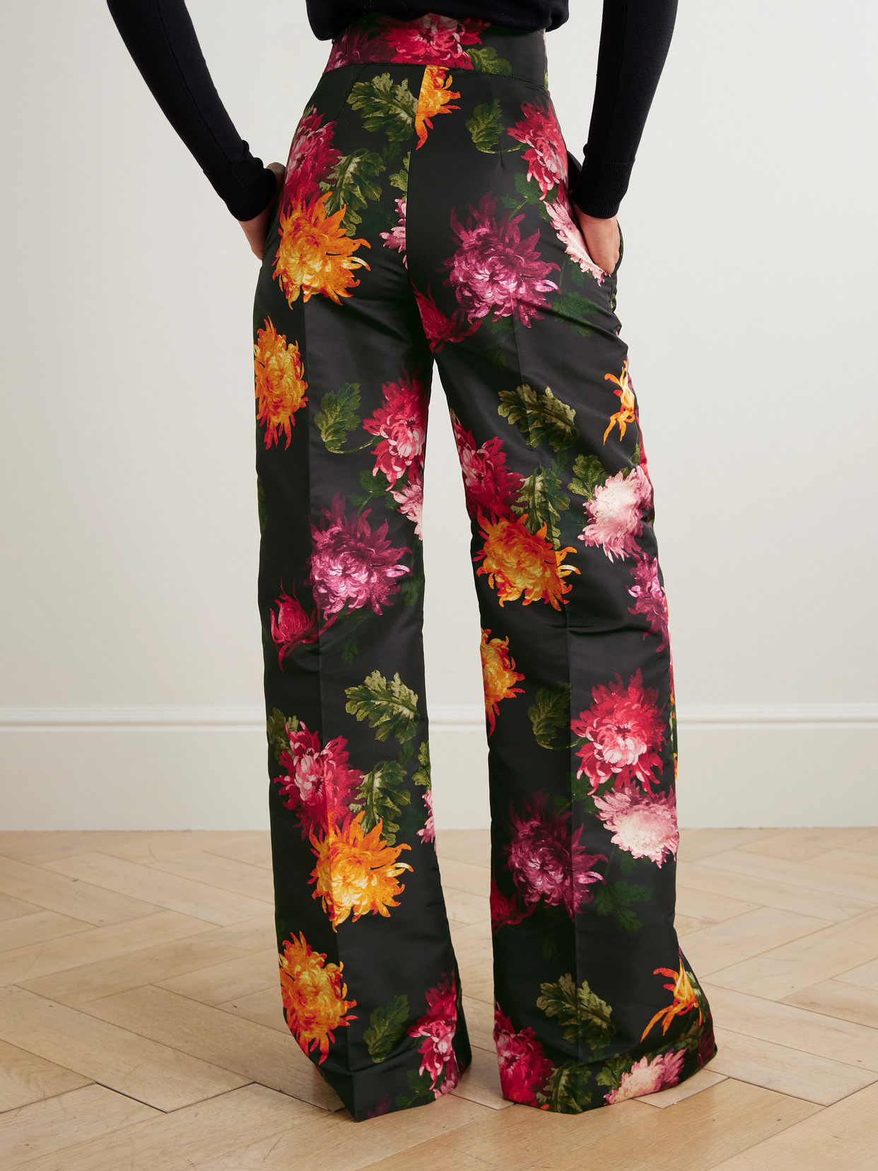 Carolina Herrera Diane Floral-print Faille Wide-leg Pants In Black