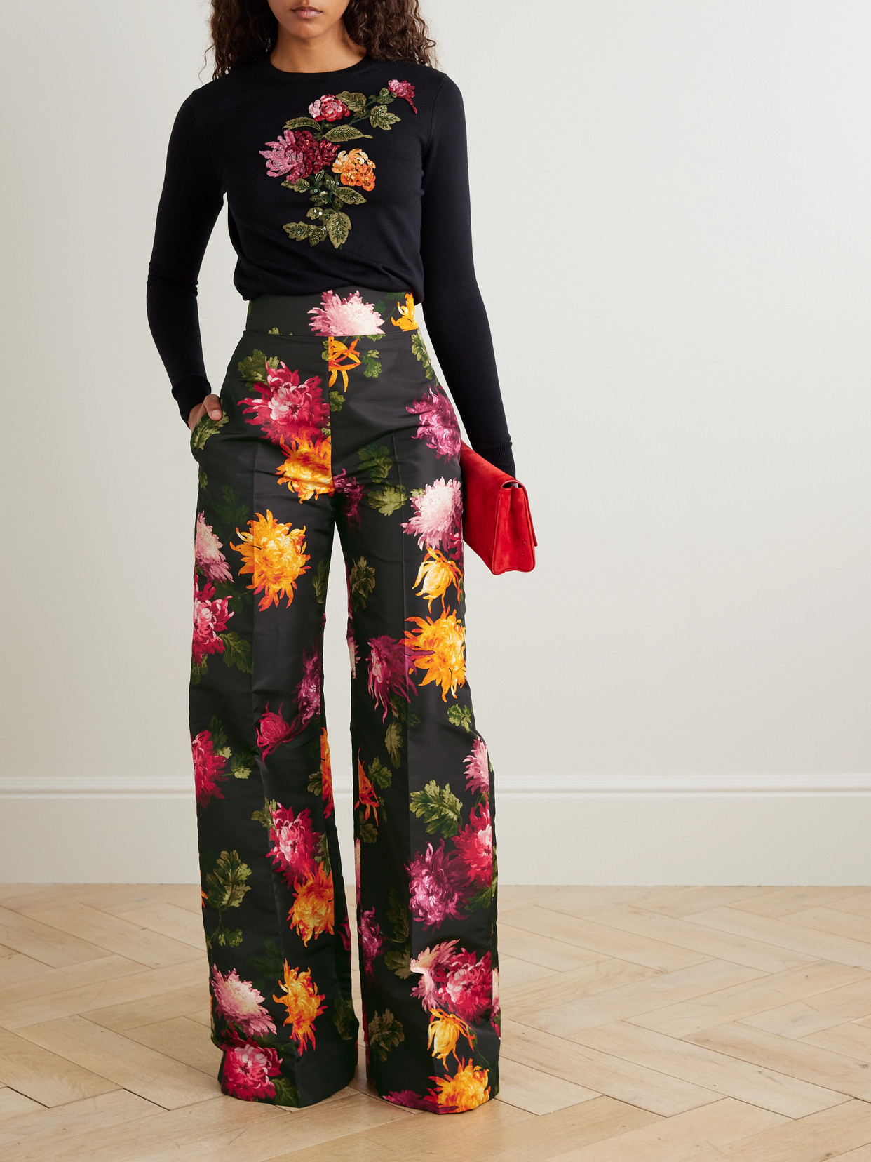 Carolina Herrera Diane Floral-print Faille Wide-leg Pants In Black