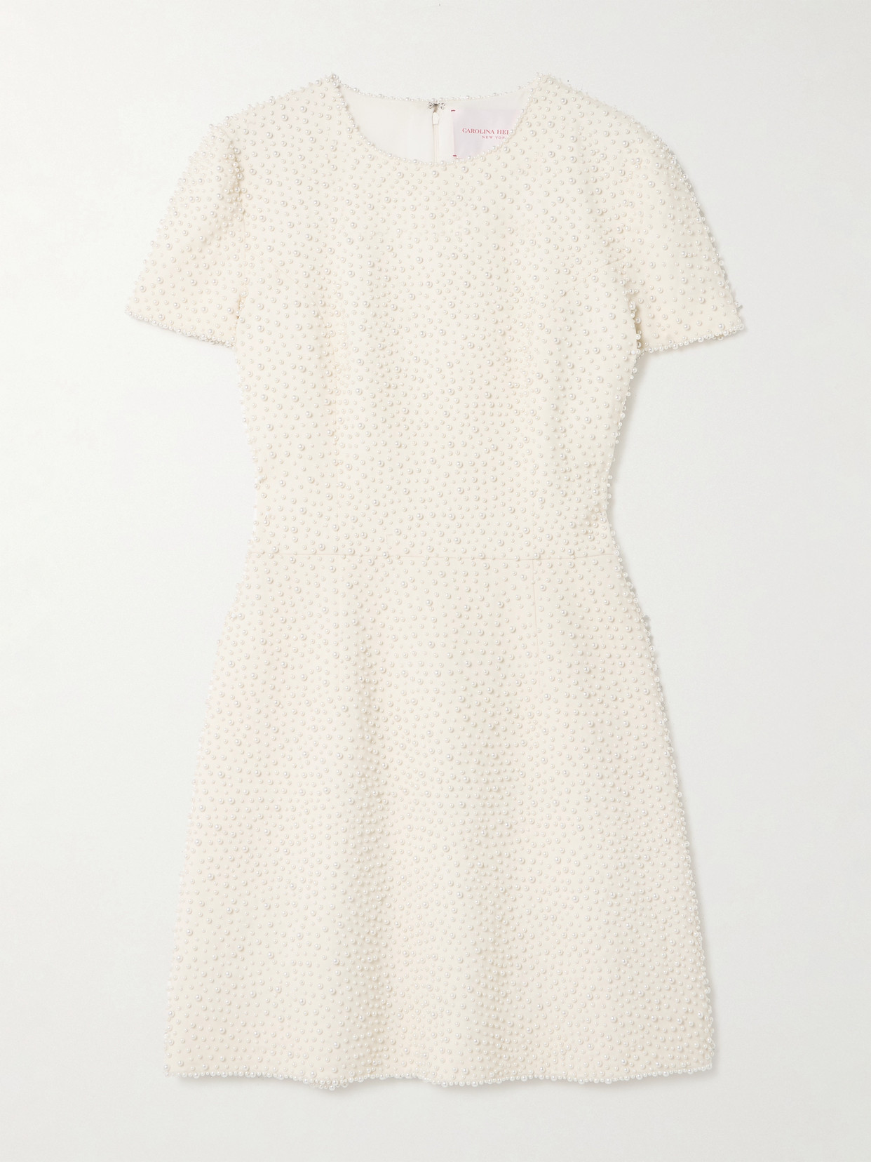 Carolina Herrera Faux Pearl-embellished Wool-blend Crepe Mini Dress In Neutral