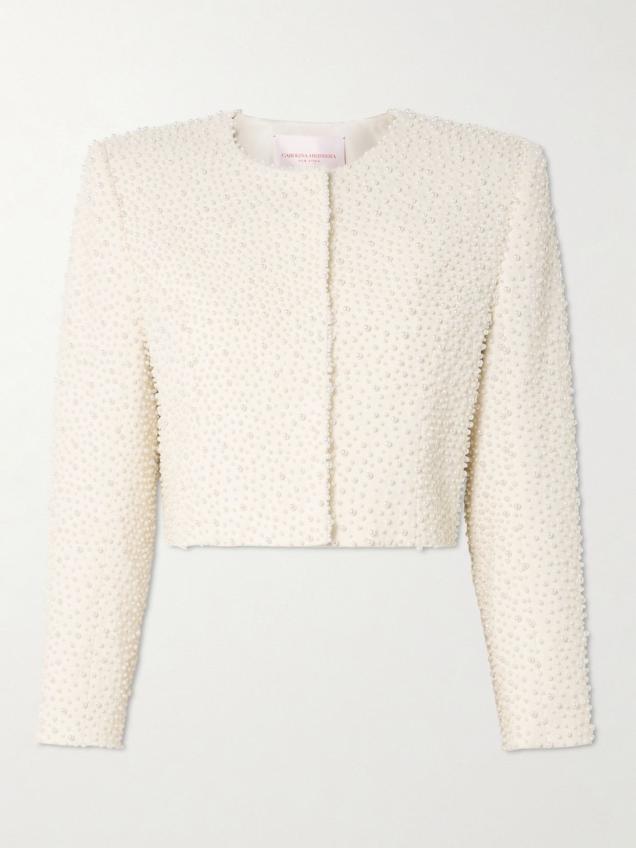 Carolina Herrera Faux Pearl-embellished Wool-blend Crepe Jacket In Neutral