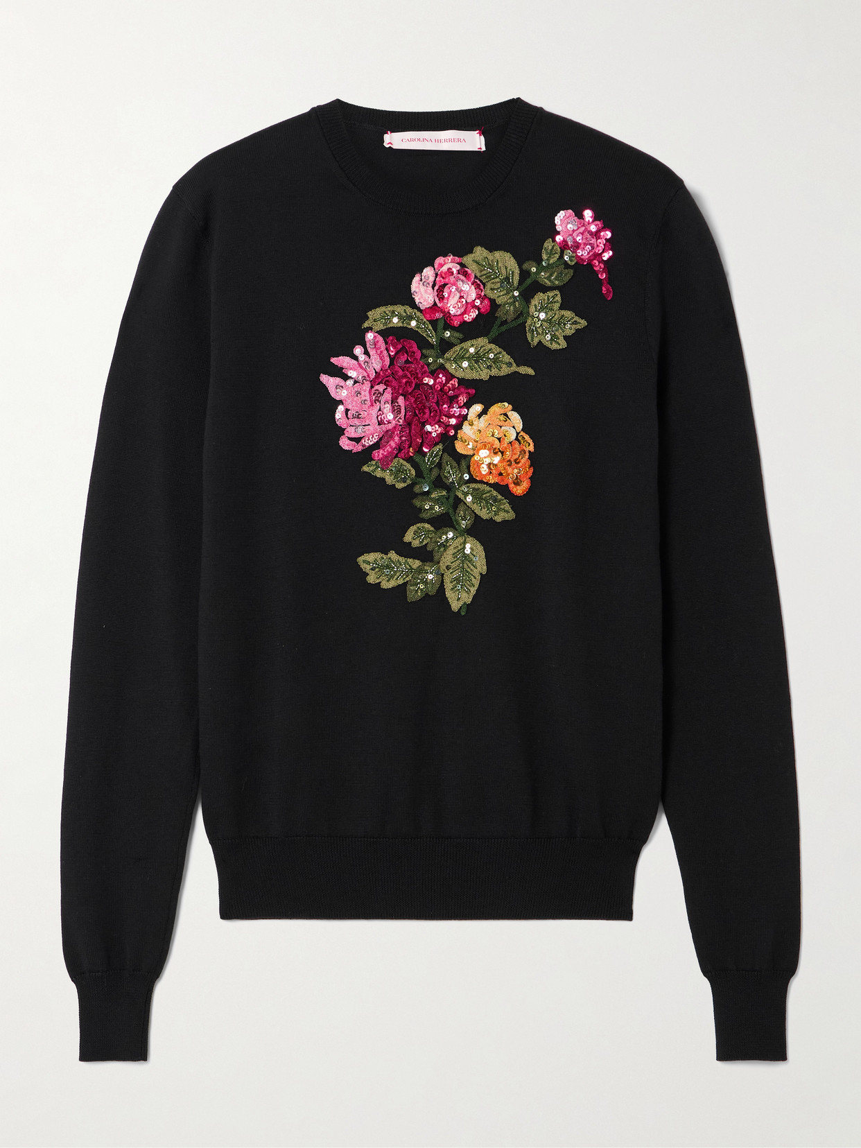 Carolina Herrera Embellished Embroidered Silk And Cotton-blend Sweater In Black