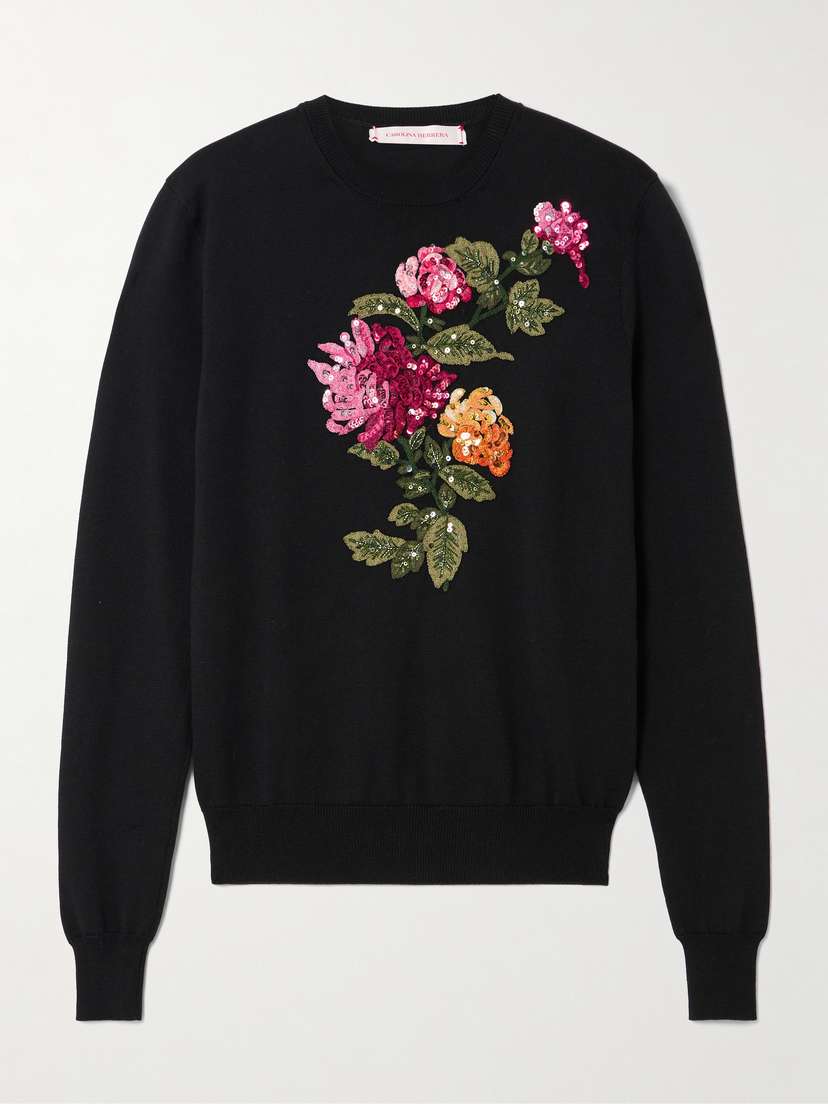 Carolina Herrera Embellished Embroidered Silk And Cotton-blend Sweater
