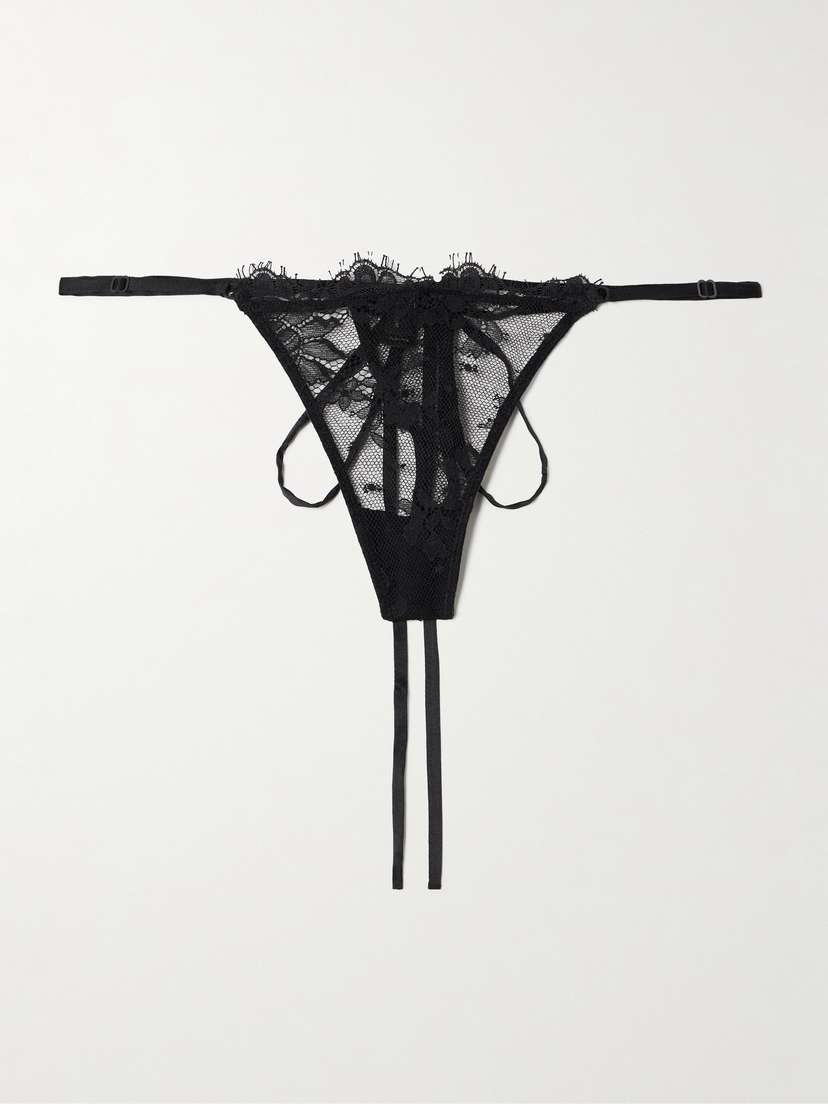 Kiki de Montparnasse Jolie Tie-detailed Satin-trimmed Lace Thong