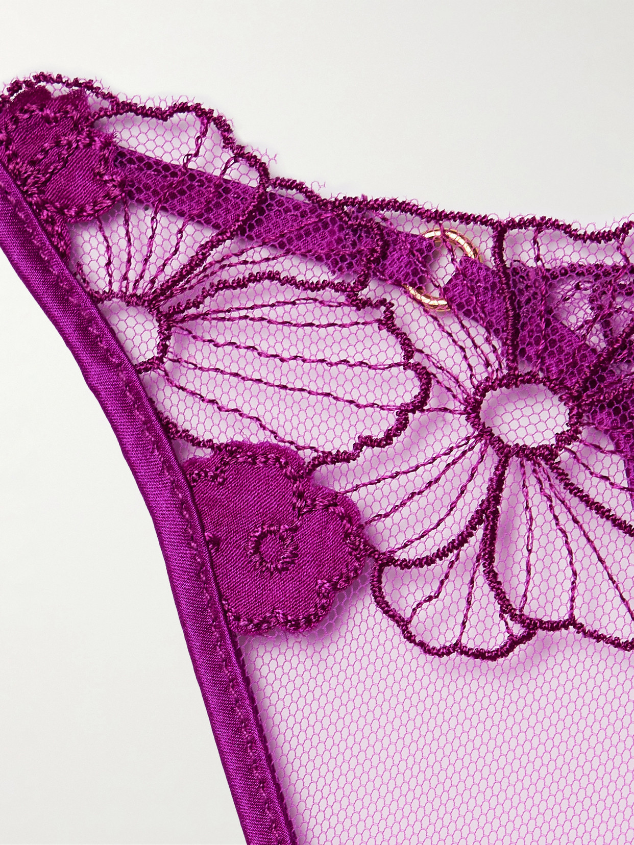 Kiki De Montparnasse Violet Satin-trimmed Appliquéd Embroidered Tulle Thong In Purple