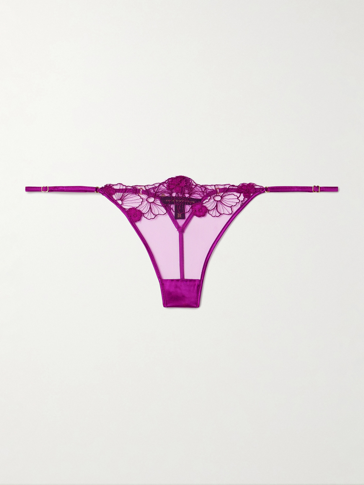 Kiki De Montparnasse Violet Satin-trimmed Appliquéd Embroidered Tulle Thong In Purple