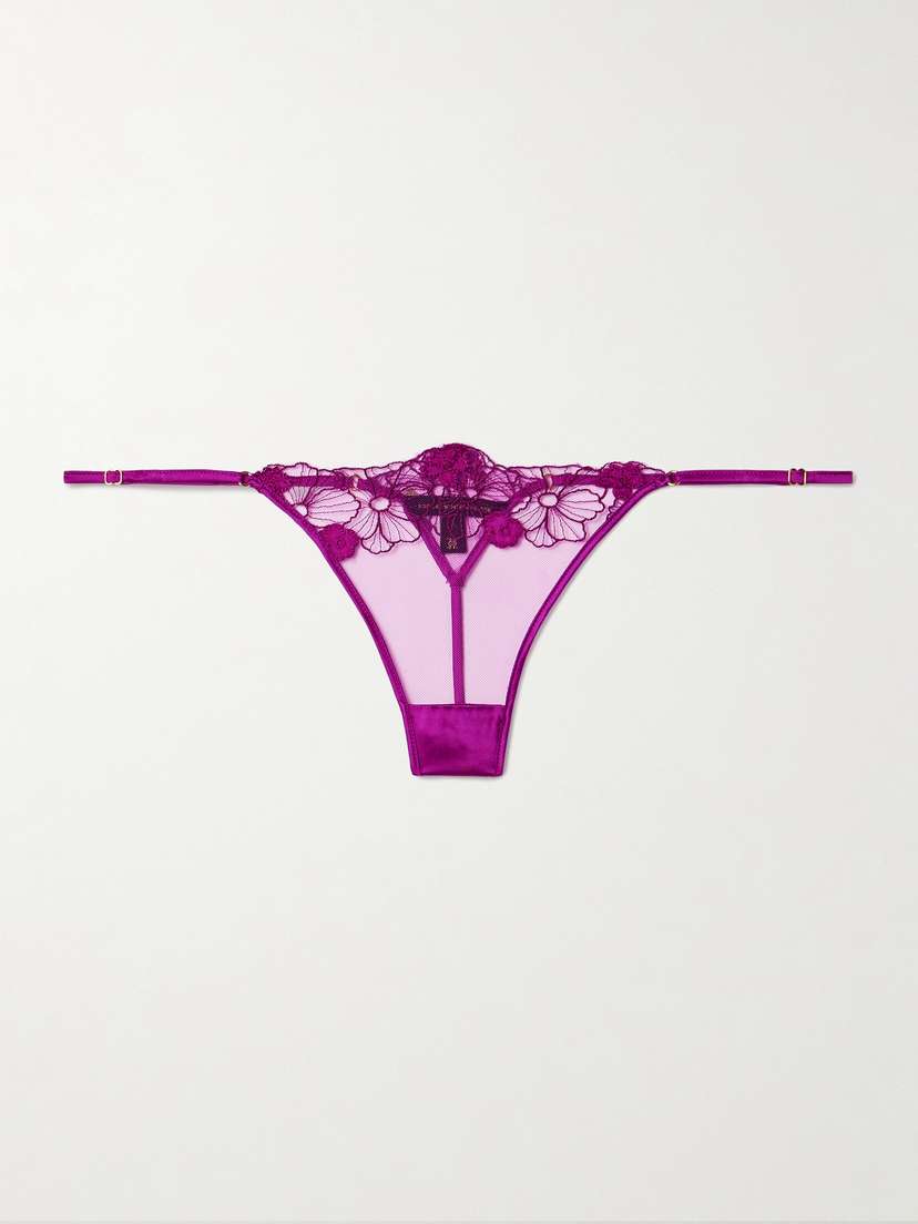 Kiki de Montparnasse Violet Satin-trimmed Appliquéd Embroidered Tulle Thong
