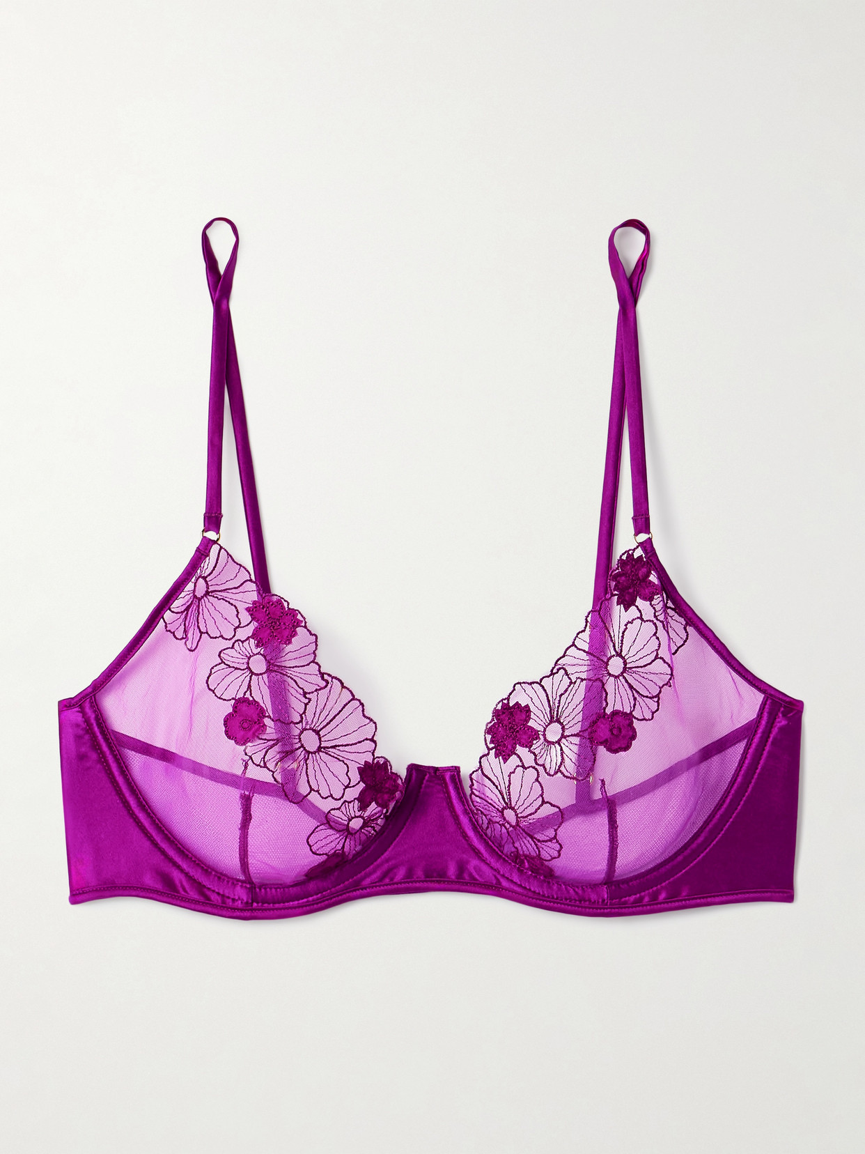 Kiki De Montparnasse Violet Satin-trimmed Appliquéd Embroidered Tulle Underwired Soft-cup Bra In Purple