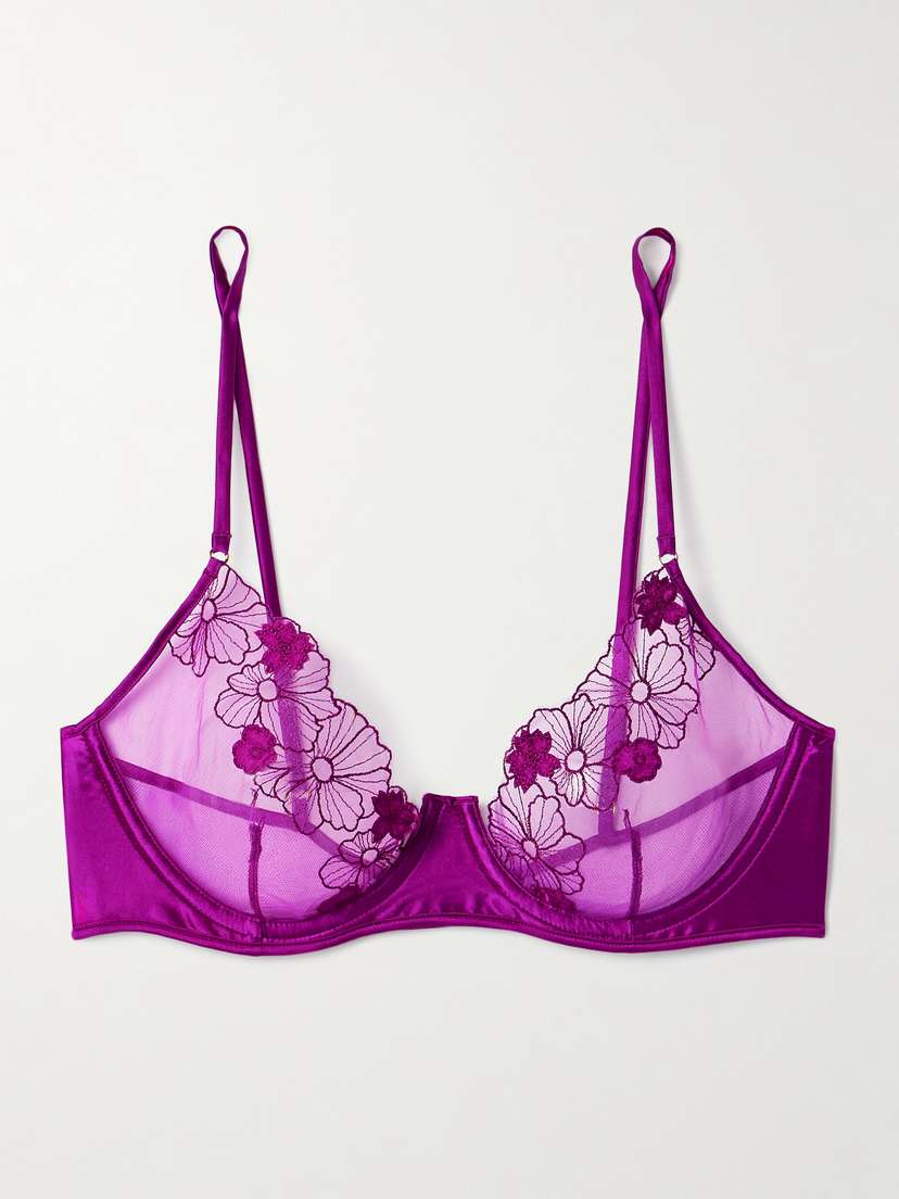 Kiki de Montparnasse Violet Satin-trimmed Appliquéd Embroidered Tulle Underwired Soft-cup Bra