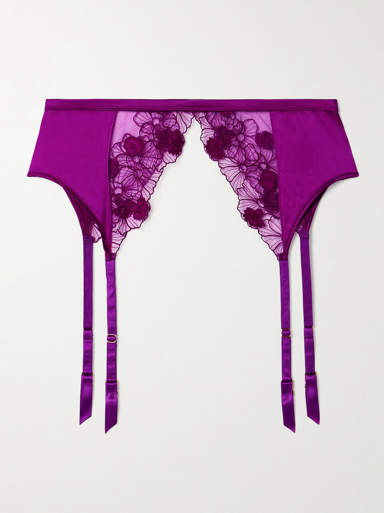 Kiki De Montparnasse Violet Silk-blend Satin And Appliquéd Embroidered Tulle Suspender Belt In Purple