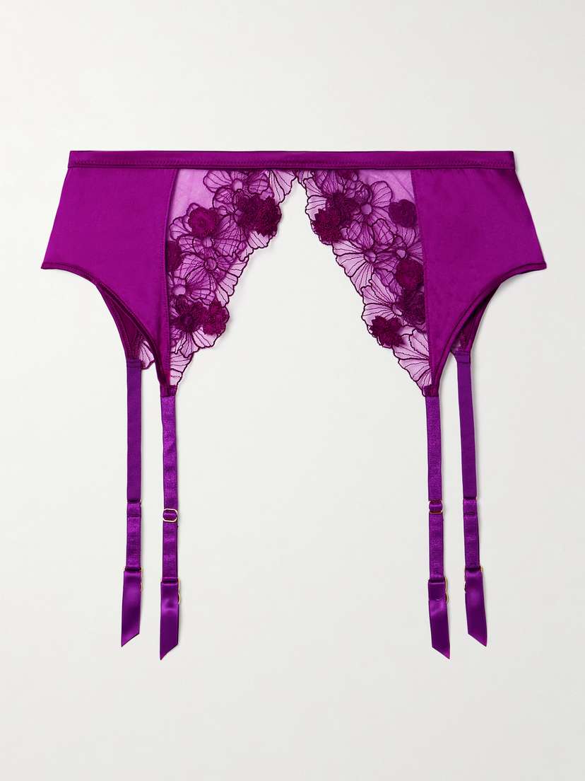 Kiki de Montparnasse Violet Silk-blend Satin And Appliquéd Embroidered Tulle Suspender Belt