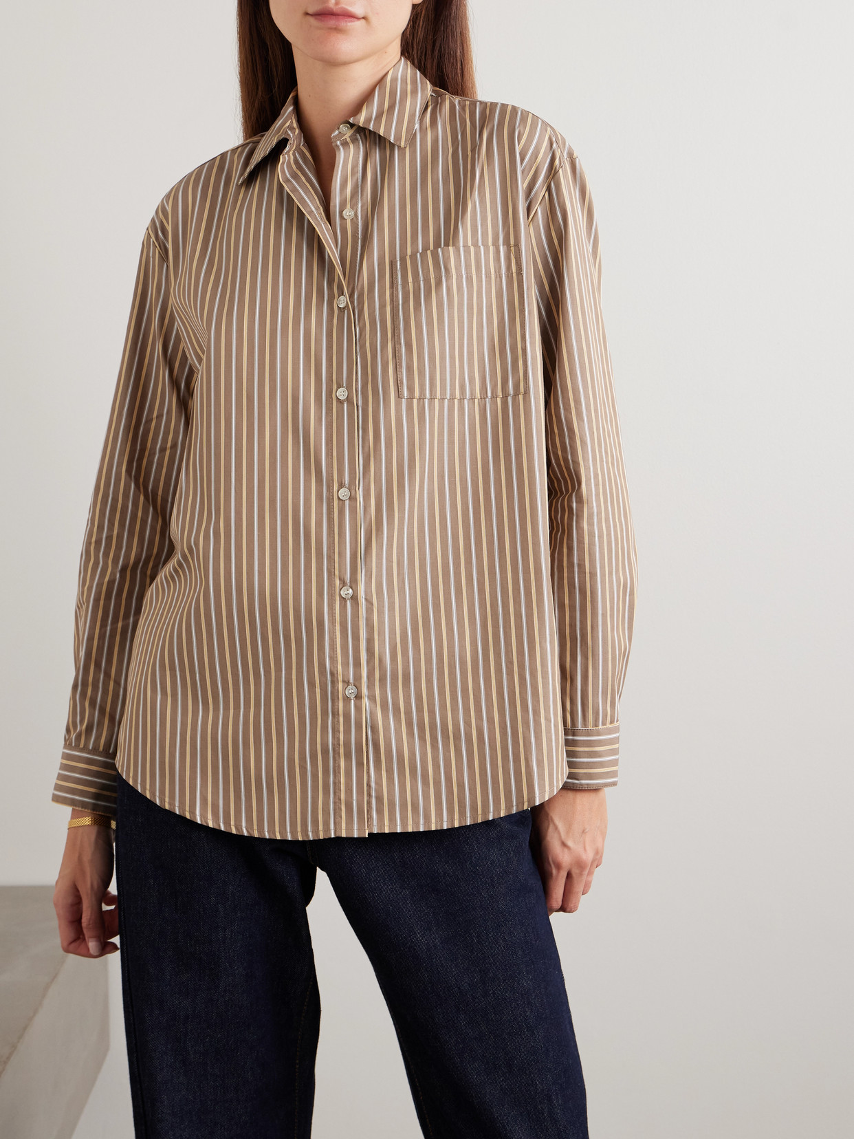 Leset Yoshi Striped Cotton And Lyocell-blend Poplin Shirt In Brown