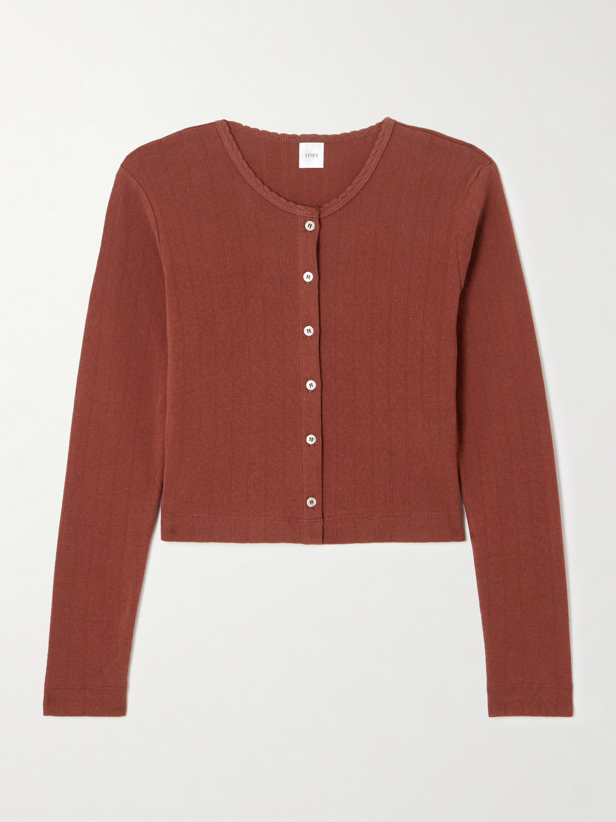 Leset Scalloped Pointelle-knit Cotton Cardigan In Brown
