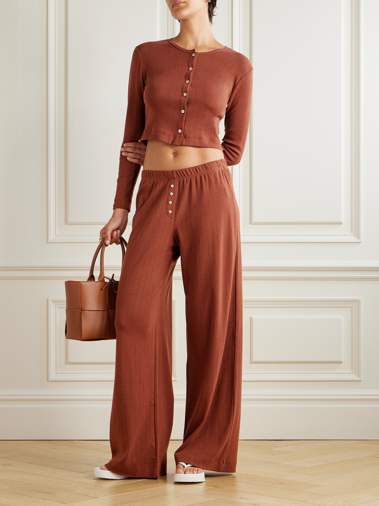 Leset Boxer Pointelle-knit Cotton Wide-leg Pants In Brown