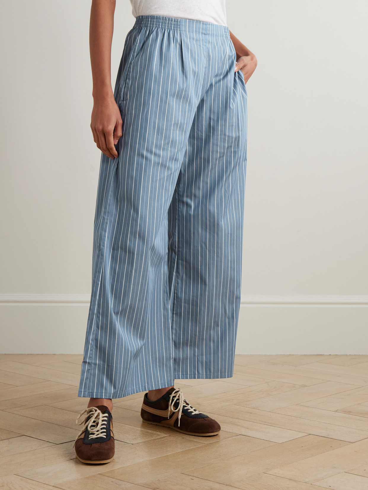 Leset Yoshi Pinstriped Cotton-blend Poplin Wide-leg Pants In Blue