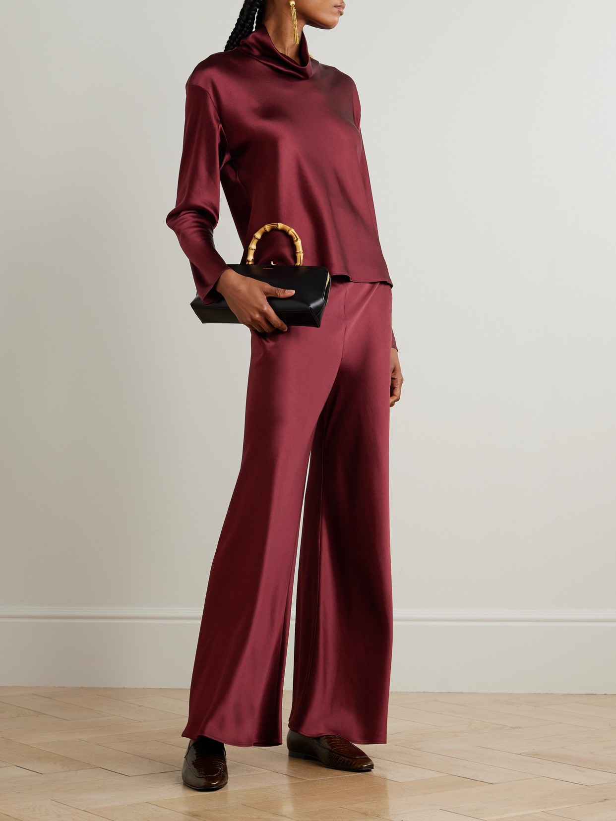 Leset Barb High-rise Satin Straight Pants In Burgundy