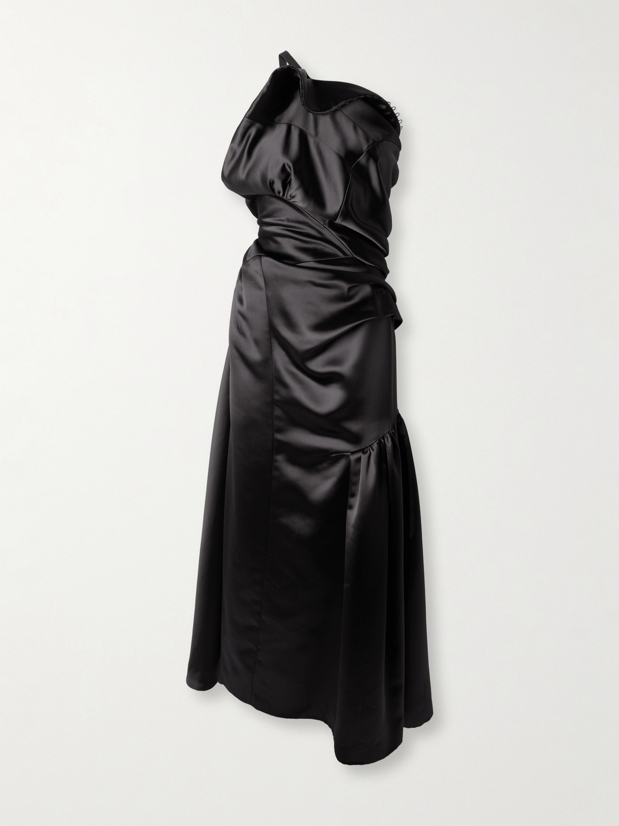 Dries Van Noten One-shoulder Gathered Pleated Satin Midi Dress In Black