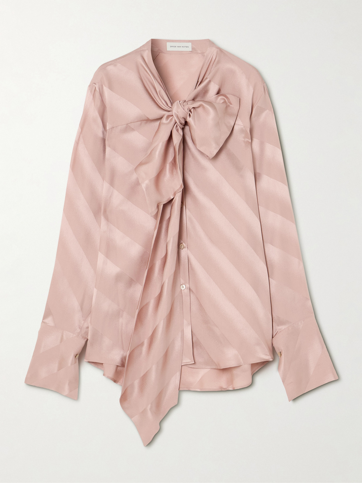 Dries Van Noten Striped Silk-satin Pussy-blow Blouse In Pink