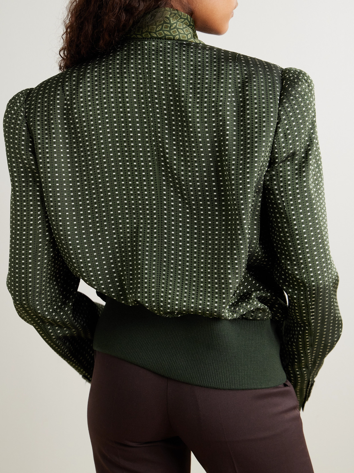 Dries Van Noten Tie-neck Printed Satin-trimmed Twill Bomber Jacket In Green