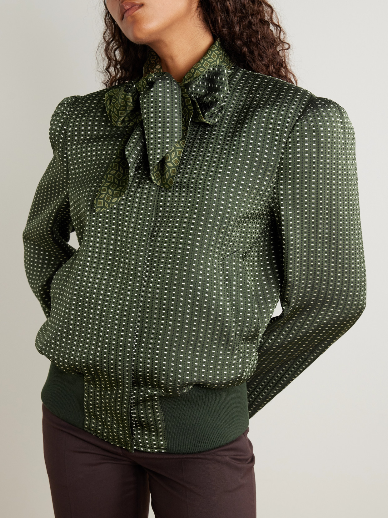 Dries Van Noten Tie-neck Printed Satin-trimmed Twill Bomber Jacket In Green