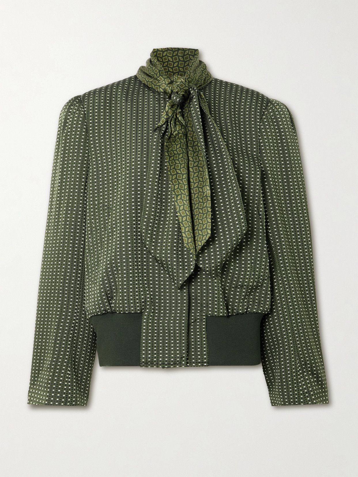 Dries Van Noten Tie-neck Printed Satin-trimmed Twill Bomber Jacket In Green