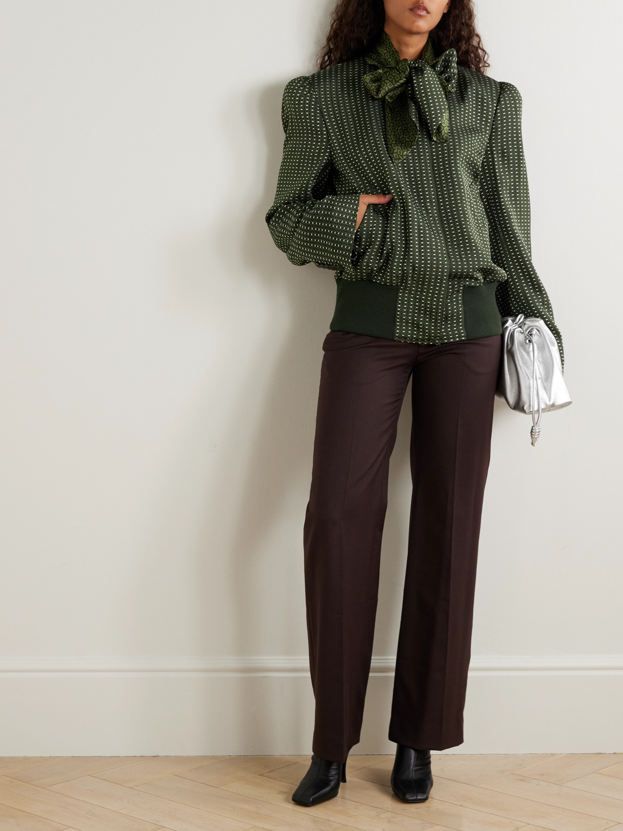 Dries Van Noten Tie-neck Printed Satin-trimmed Twill Bomber Jacket In Green