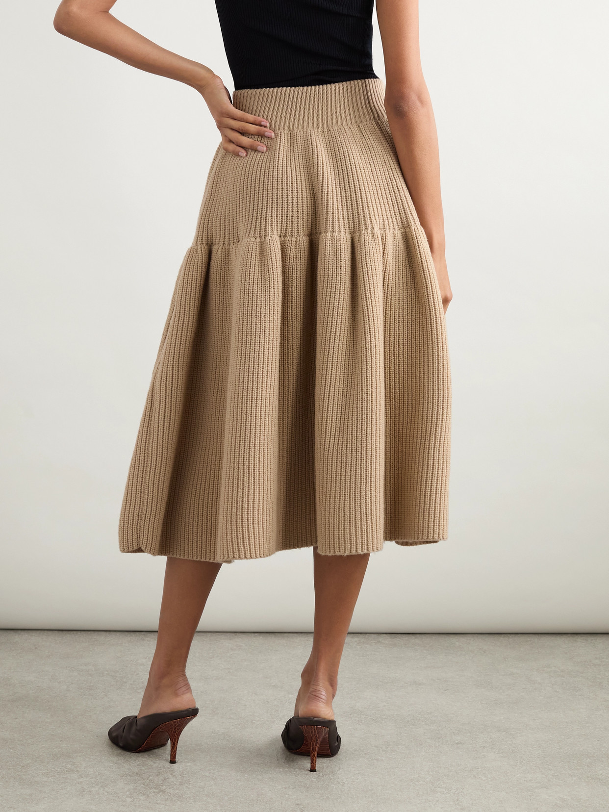 Dries Van Noten Tiered Ribbed Wool Midi Skirt In Brown
