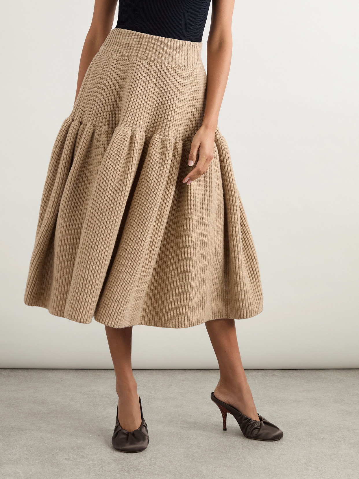 Dries Van Noten Tiered Ribbed Wool Midi Skirt In Brown
