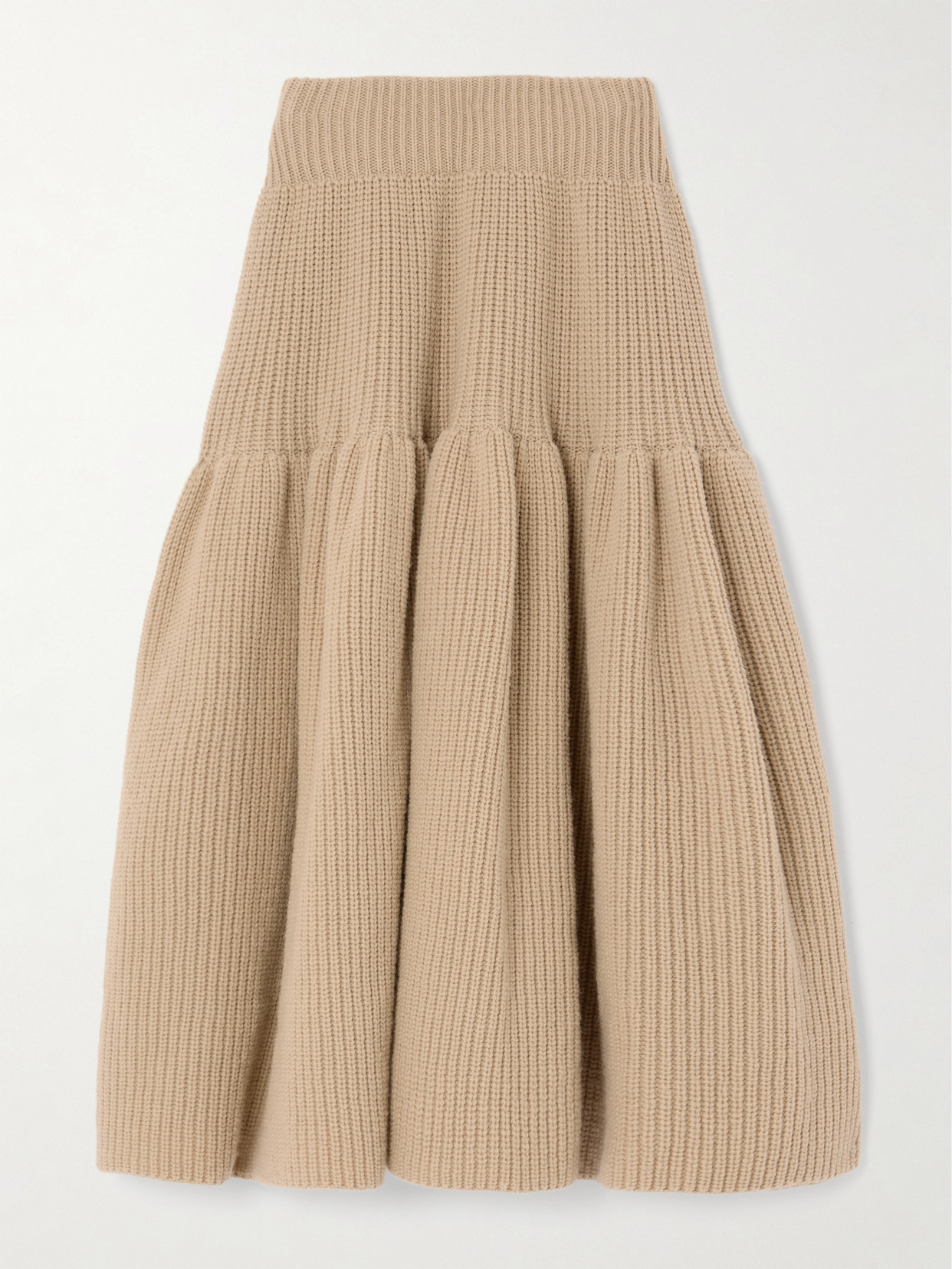 Dries Van Noten Tiered Ribbed Wool Midi Skirt In Brown