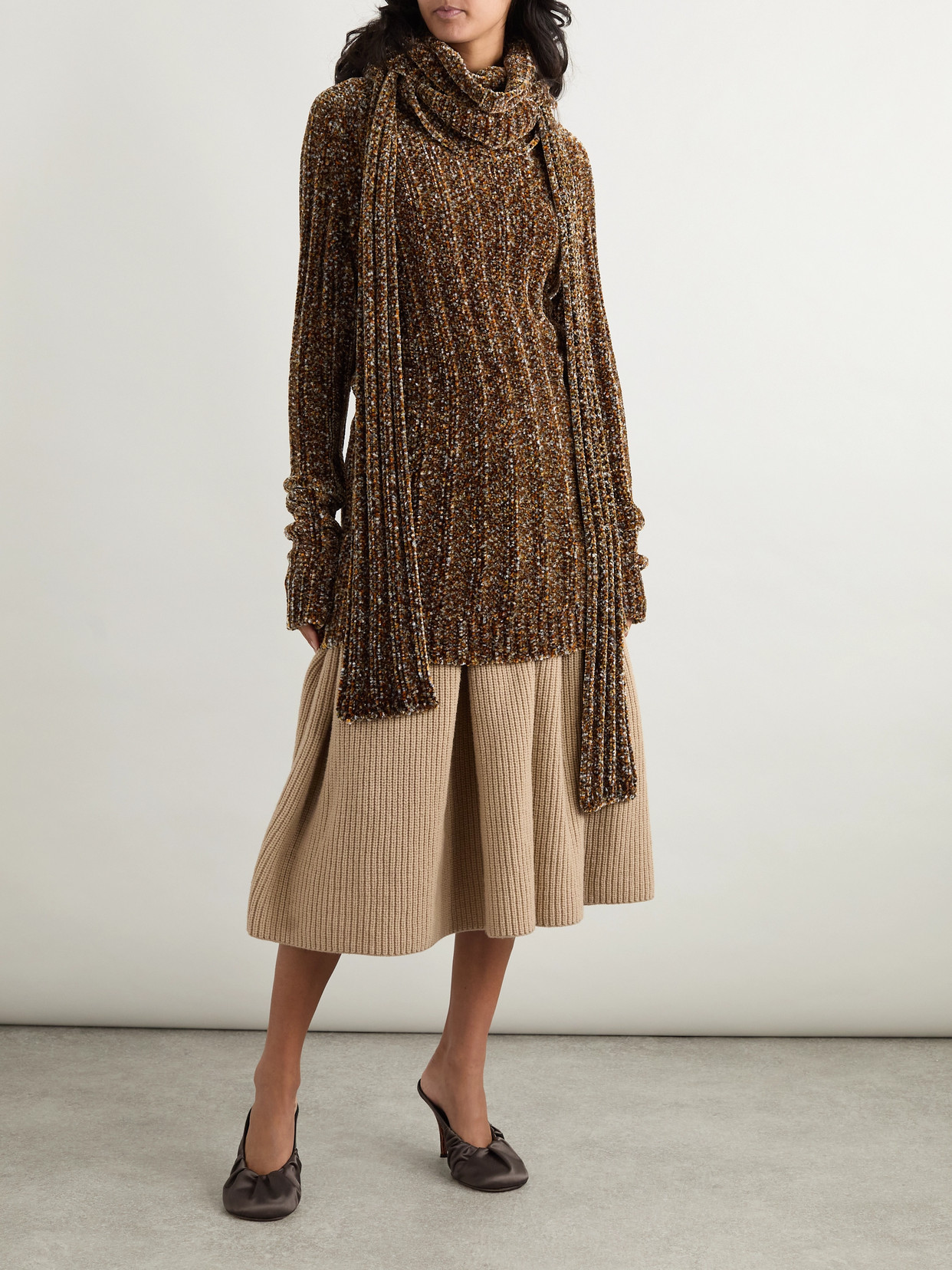 Dries Van Noten Tiered Ribbed Wool Midi Skirt In Brown