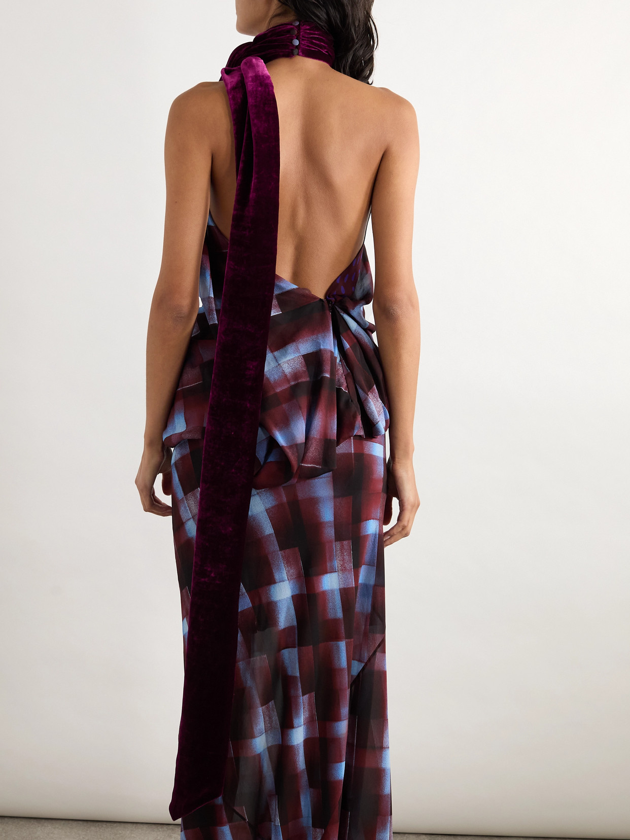 Dries Van Noten Velvet-trimmed Gathered Printed Crepe De Chine Halterneck Blouse In Black