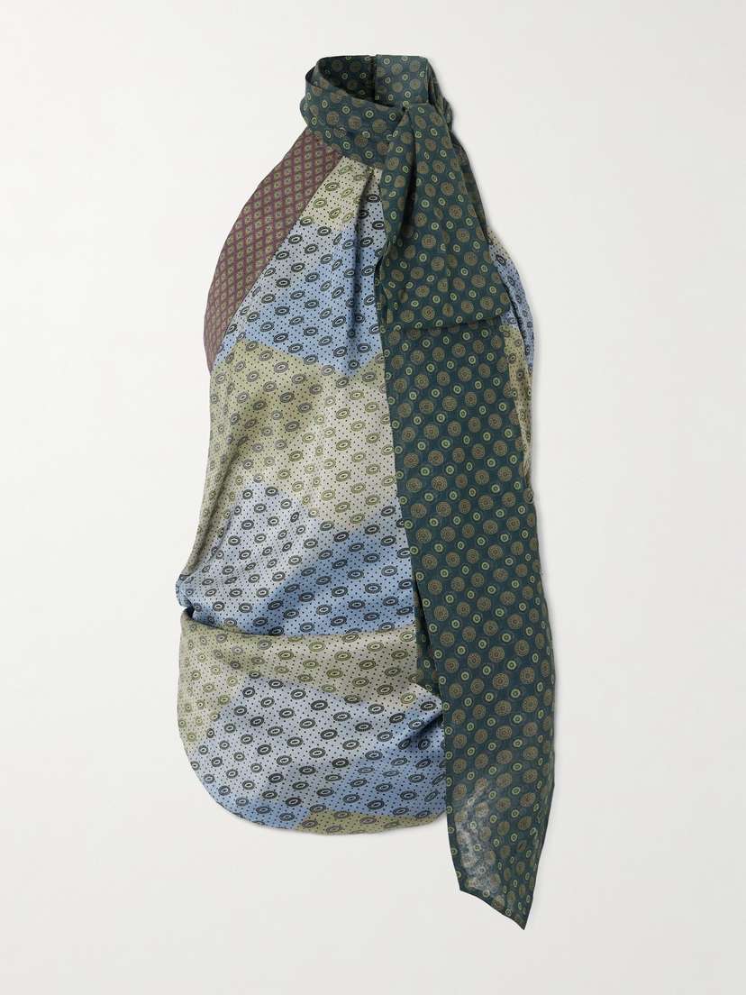 Dries Van Noten Velvet-trimmed Gathered Printed Crepe De Chine Halterneck Blouse